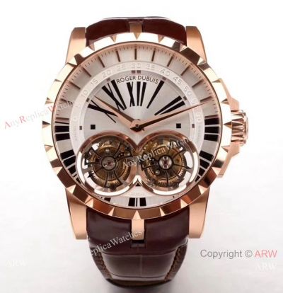 Super Clone Roger Dubuis RDDBEX0249 Double Tourbillon Men Watch Silver Dial Rose Gold